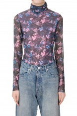 Printed Mesh Long Sleeve Fitted Rollneck -Daisy Spray Lilac Sachet  (T3289)