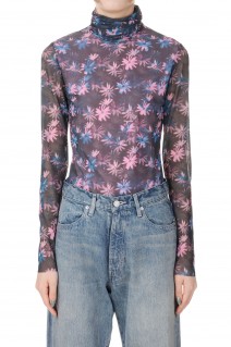Printed Mesh Long Sleeve Fitted Rollneck -Daisy Spray Lilac Sachet  (T3289)