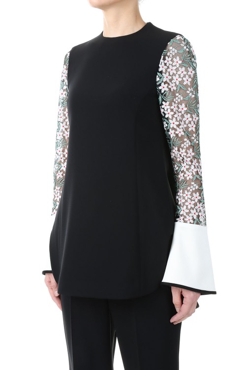 Floral Lace Sleeve Shirt - black × white | labiela.com