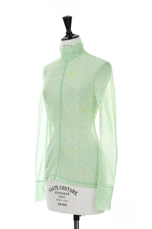Marble Printed Plaid Sheer High Neck Top Mint Green MMSS JS