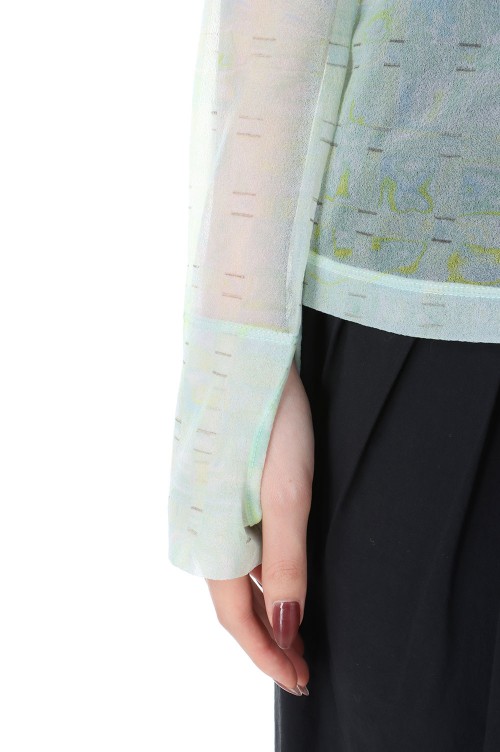 Marble Printed Plaid Sheer High Neck Top -Mint Green (MM23SS