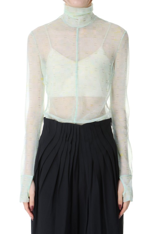 Marble Printed Plaid Sheer High Neck Top -Mint Green (MM23SS-JS020