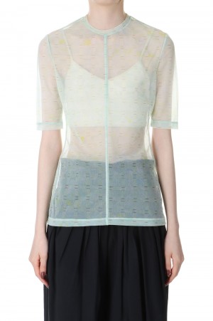 Marble Printed Plaid Sheer Crew Neck Top -Mint Green (MM23SS-JS021)