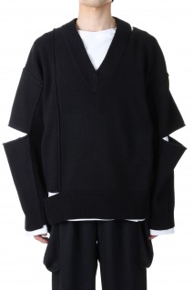 Primeover Outseam Cutting V-Neck Knit Pullover-BLACK(11231361318)