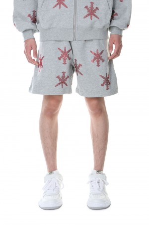 LIGHT GREY WITH RED DAGGER RHINESTONE SHORTS / LIGHT GRAY