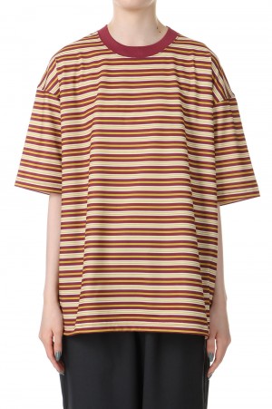W's TECH DRAWSTRING MULTI BORDER S/S TEE-BURGUNDYxMUSTARD(BE-35024L)