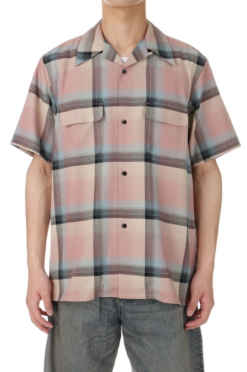 RAYON OMBRE PLAID OPEN COLLAR BLOUSE HALF SLEEVE(2441000508