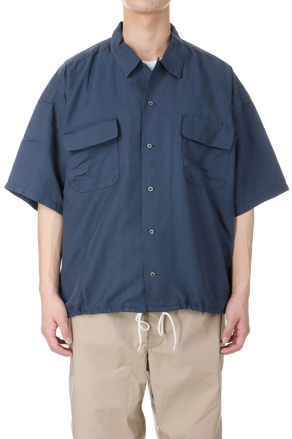 007　nanamica　OPEN COLLAR CUPRA HEMP Nanamica Men's Open Collar Cupra Hemp Shirt in Navy Nanamica
