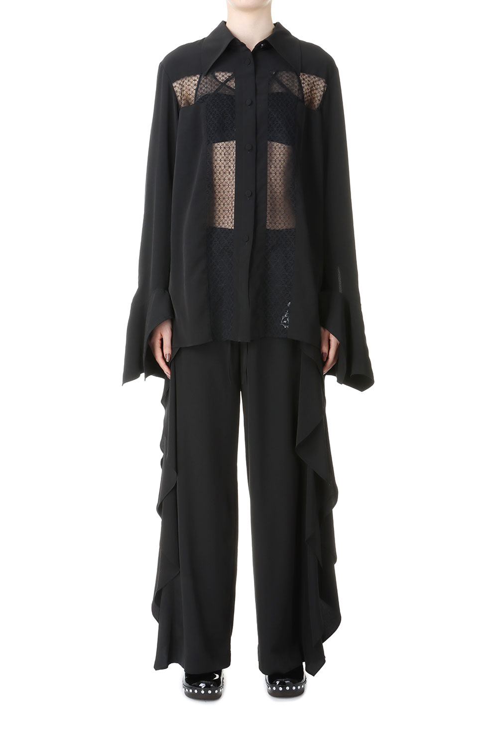 LACE PANELED RUFFLE TROUSERS-BLACK(FTC242-0606) | セレクト