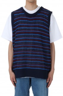 RESEARCHED KNIT VEST / C,L MIX YARN BORDER - NAVY (SW-V0203)