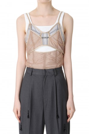 Layered Tulle Cami Bodysuit -BEIGE (31241415608)