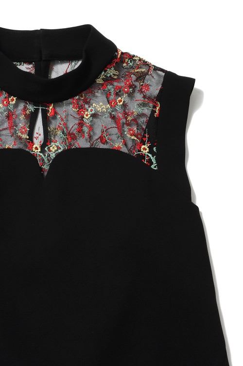 Acetate Polyester Floral Lace-Collar Sleeveless Dress(MM24FW-DR002