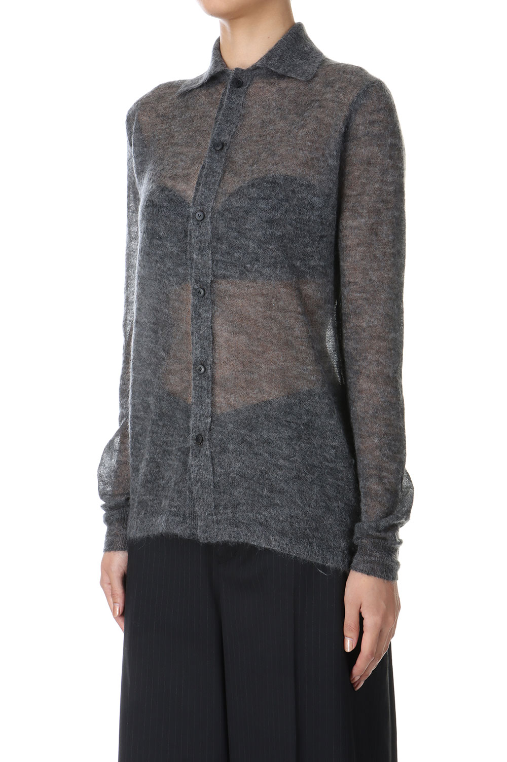 KID MOHAIR SHEER KNIT SHIRT CARDIGAN -Top Charcoal