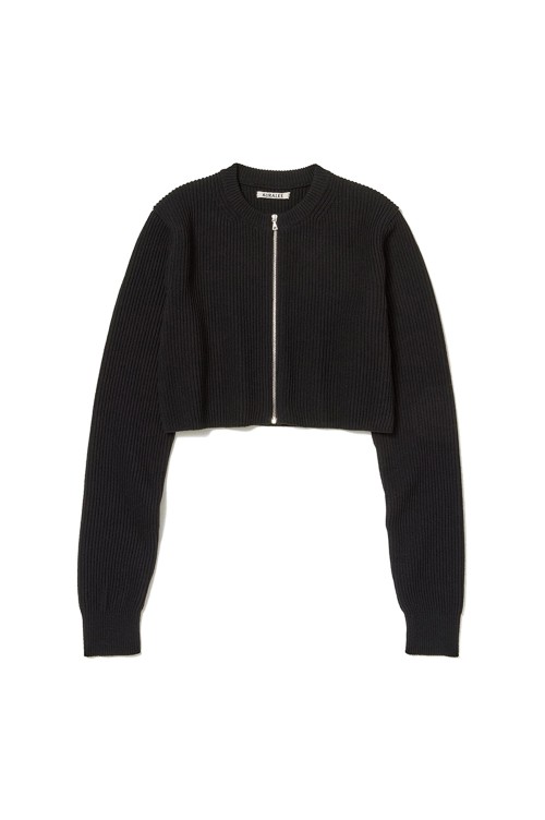 SUPER FINE WOOL RIB KNIT ZIP SHORT CARDIGAN -Black