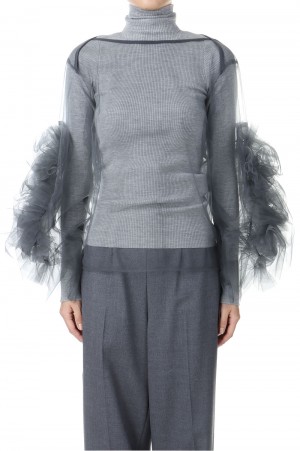 Tulle Sleeve Tops-GRAY(CB-24219)
