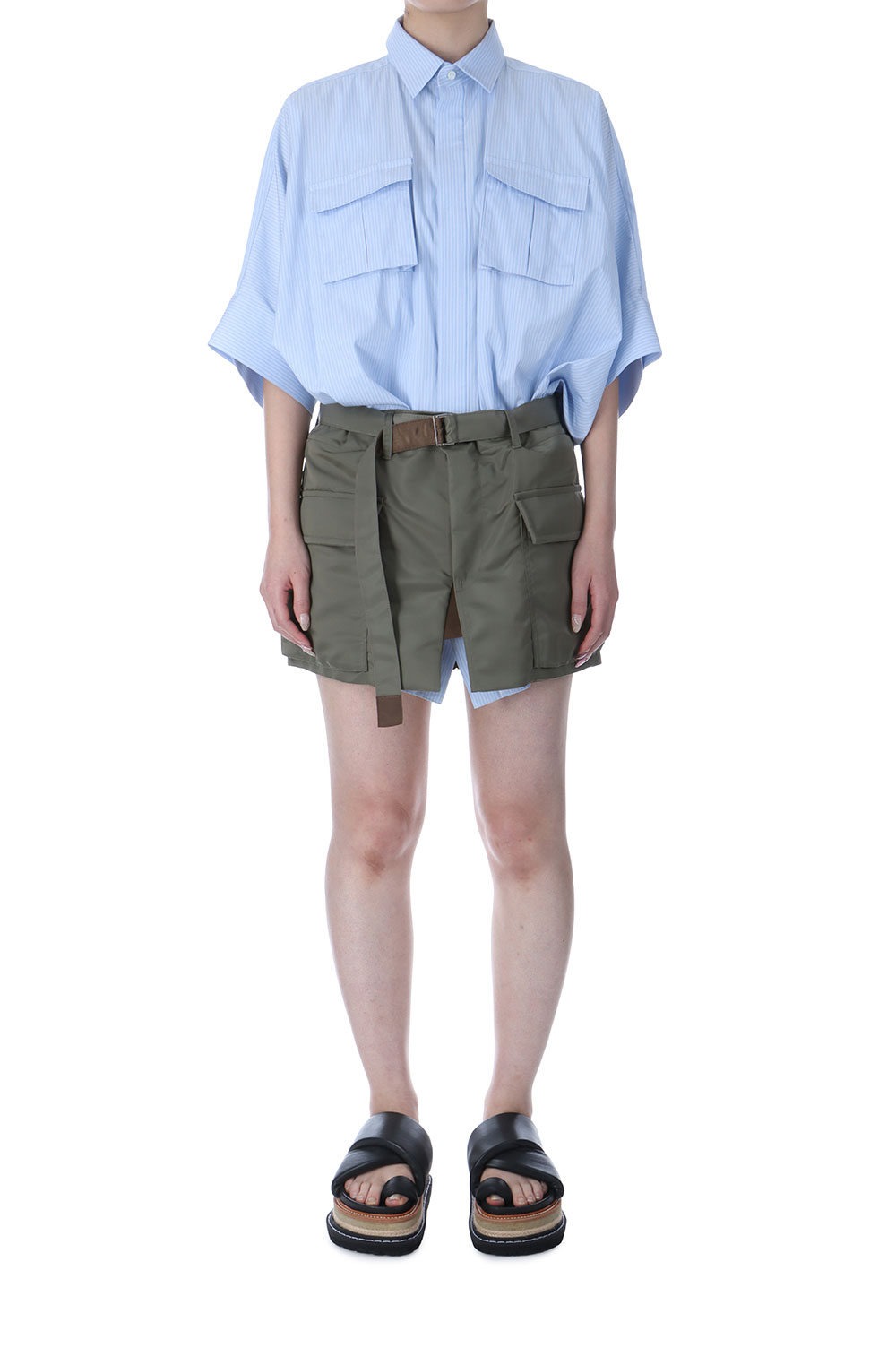 Cotton Poplin x Nylon Twill Dress - L/BLUE STRIPE x TAUPE