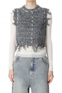 Distressed Effect Fringe Knit Vest - CHARCOAL GRAY (21242365204)