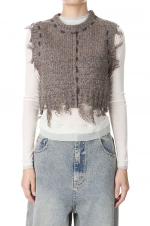 Distressed Effect Fringe Knit Vest - BEIGE (21242365204)