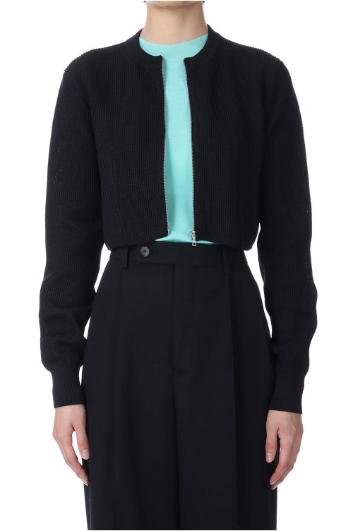 FLAT YARN RIB KNIT CREW NECK ZIP CARDIGAN - BLACK (A25SC04SY