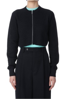 FLAT YARN RIB KNIT CREW NECK ZIP CARDIGAN - BLACK (A25SC04SY)