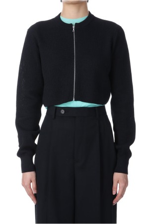 FLAT YARN RIB KNIT CREW NECK ZIP CARDIGAN - BLACK (A25SC04SY)