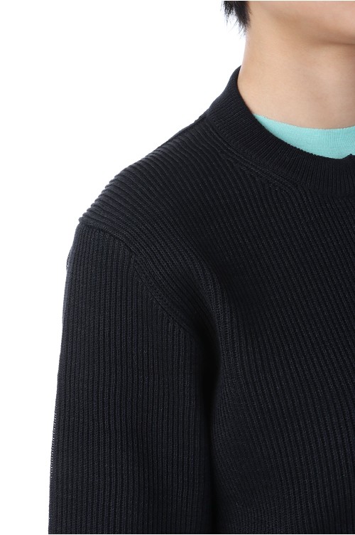 FLAT YARN RIB KNIT CREW NECK ZIP CARDIGAN - BLACK (A25SC04SY