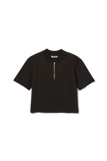 COTTON SLUB RAYON PLAITING HALF ZIP TEE - BLACK (A25ST03VP)