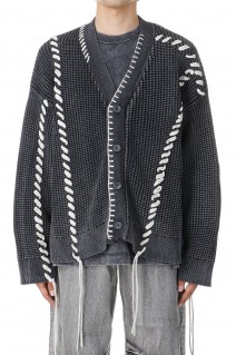 Oni-Waffle Chemical Over-Dye Prime-Over V-Neck Knit Cardigan - BLACK (11242361307)