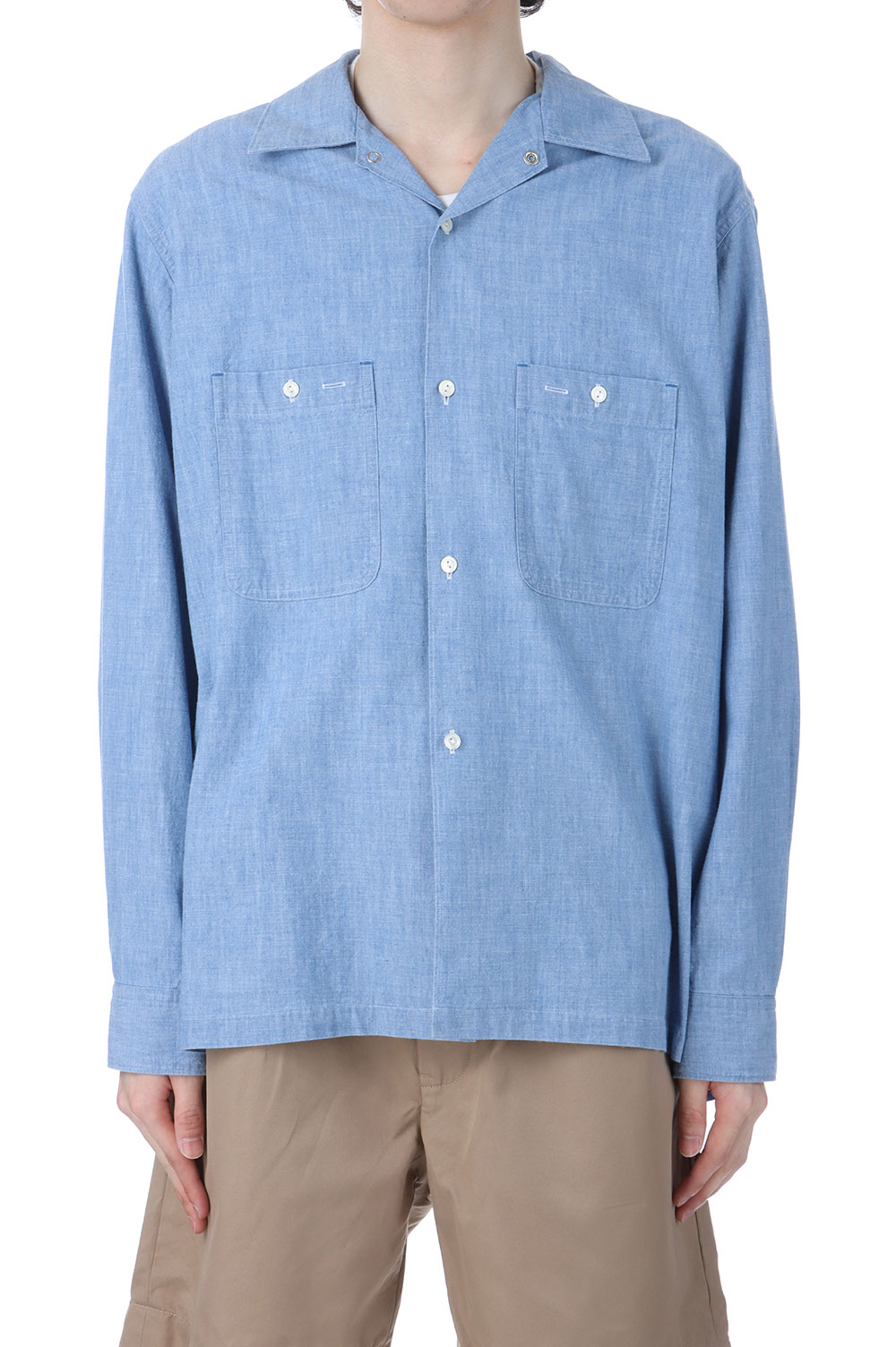 Open Collar Work Chambray with Flower - Indigo (U25S-11-0002