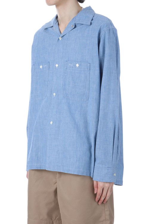 Open Collar Work Chambray with Flower - Indigo (U25S-11-0002