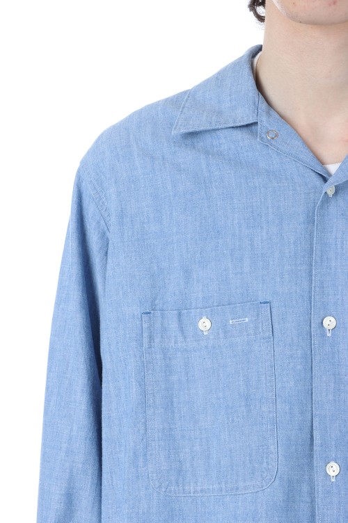 Open Collar Work Chambray with Flower - Indigo (U25S-11-0002