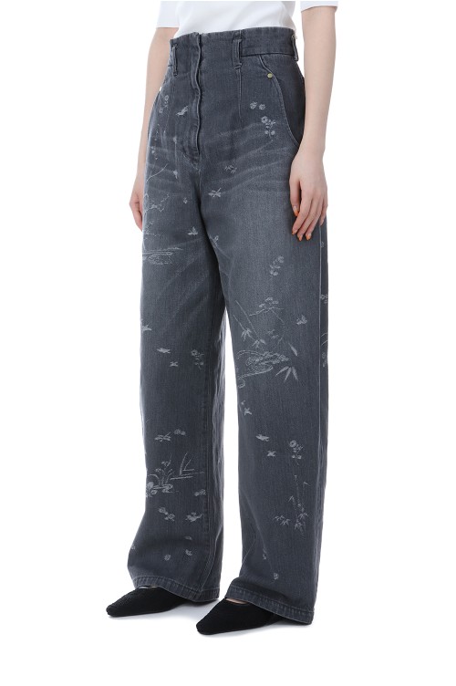 Nature Pattern Jacquard Wide Leg Jeans - GREY (MM25SS-PT058 Nature Pattern Jacquard Wide Leg Jeans - GREY (MM25SS-PT058