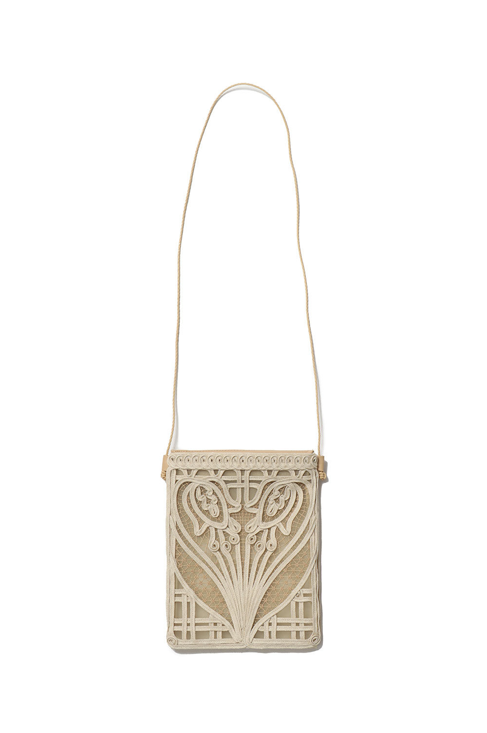 Cording Embroidery Pouch With Leather Strap - BEIGE (MMSS17