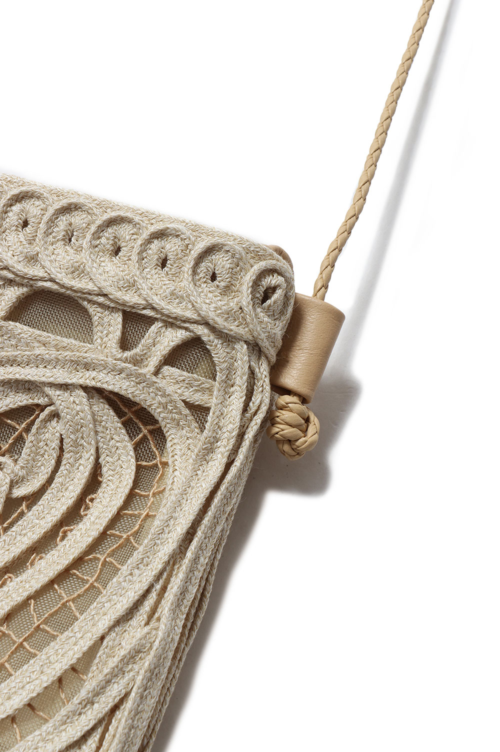 Cording Embroidery Pouch With Leather Strap - BEIGE (MMSS17