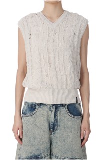 CABLE CROCHET KNIT VEST IN IVORY - IVORY (KM2434KV002M)