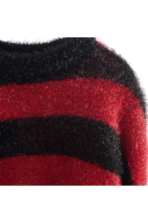 CREW NECK KNIT / GLITTER BORDER / BLACK+RED (SM-HR1-0000-069