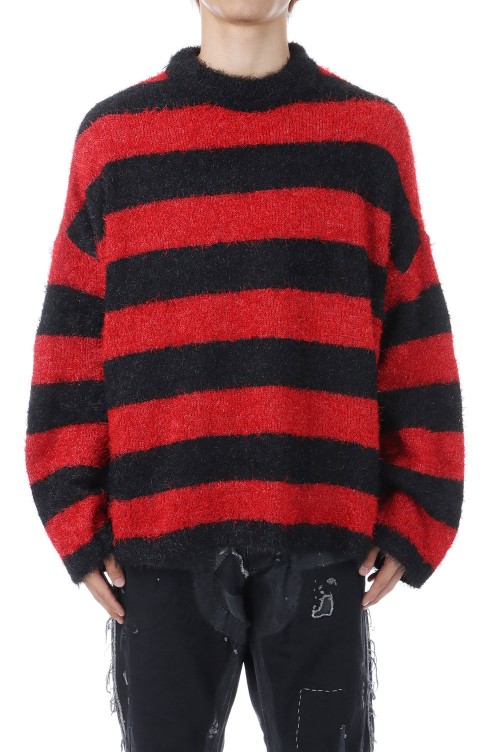 CREW NECK KNIT / GLITTER BORDER / BLACK+RED (SM-HR1-0000-069