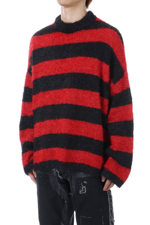 CREW NECK KNIT / GLITTER BORDER / BLACK+RED (SM-HR1-0000-069