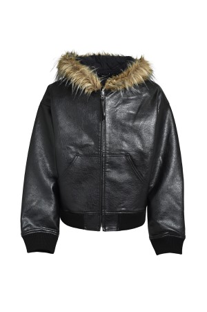 FAUX LEATHER FUR HOODED JACKET / BLACK (BR25AW-O0010)