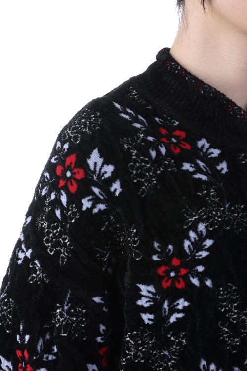 Floral Motif Chenille Knited Cardigan- BLACK (MM25FW-KN062 Floral Motif Chenille Knited Cardigan- BLACK (MM25FW-KN062