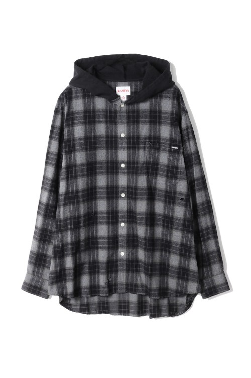 Distressed Hooded Checked Shirt - BLACK (G15SH055) | セレクト