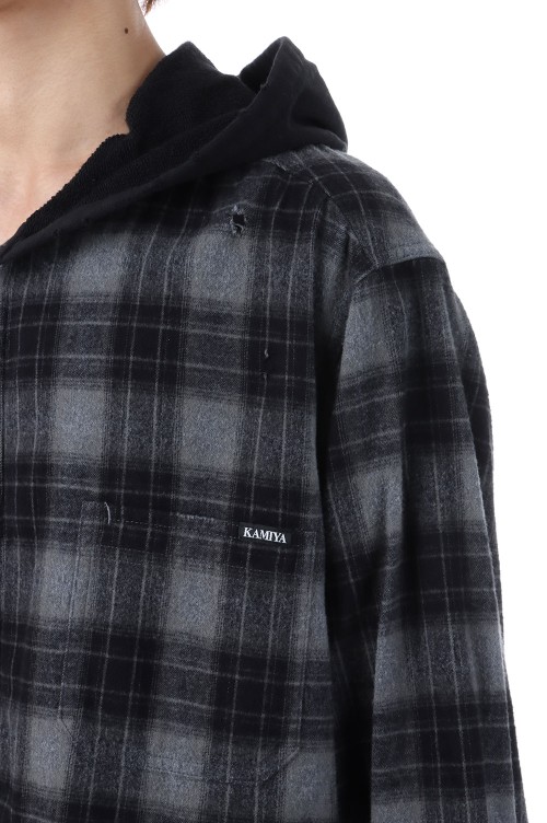 Distressed Hooded Checked Shirt - BLACK (G15SH055) | セレクト