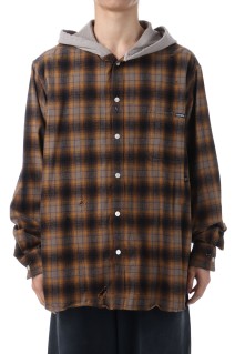Distressed Hooded Checked Shirt - BROWN (G15SH055)