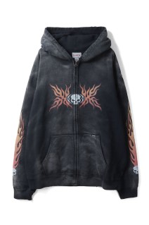 Skull Flame Distressed Zip Hoodie - BLACK (G15HD073)