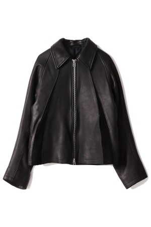 LEATHER PANELED ZIP UP JACKET - BLACK (NF252J07)