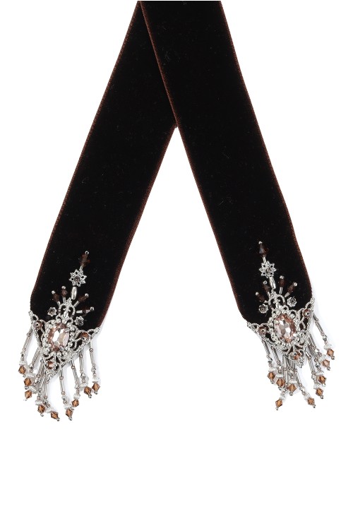 crystal silver tip velvet long ribbon - BROWN (TD-24SS-AC12