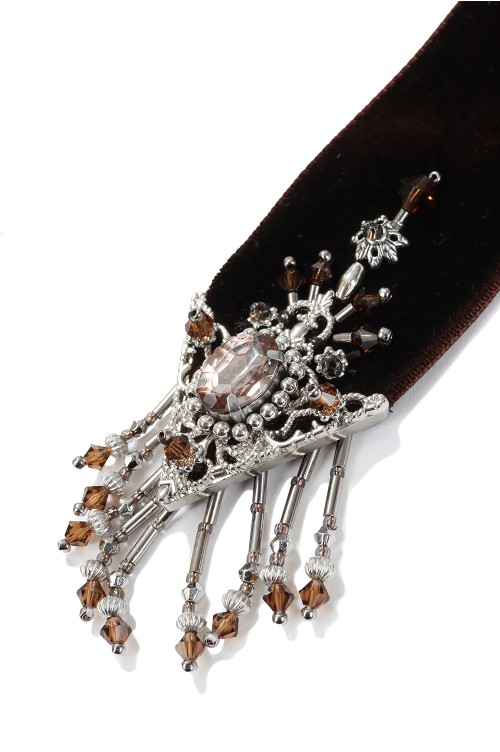 crystal silver tip velvet long ribbon - BROWN (TD-24SS-AC12