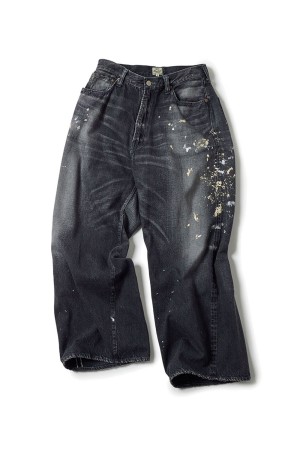 RECYCLED WASTE SUVIN COTTON YARN 11.5oz. DENIM 5POCKET BAGGY PANTS VINTAGE WASHED / ZIPPER FLY - BLACK (GL42581H)