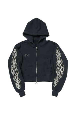 Leather Flame Cropped Hooded Zip-Up / NAVY (TC25SS2702W)