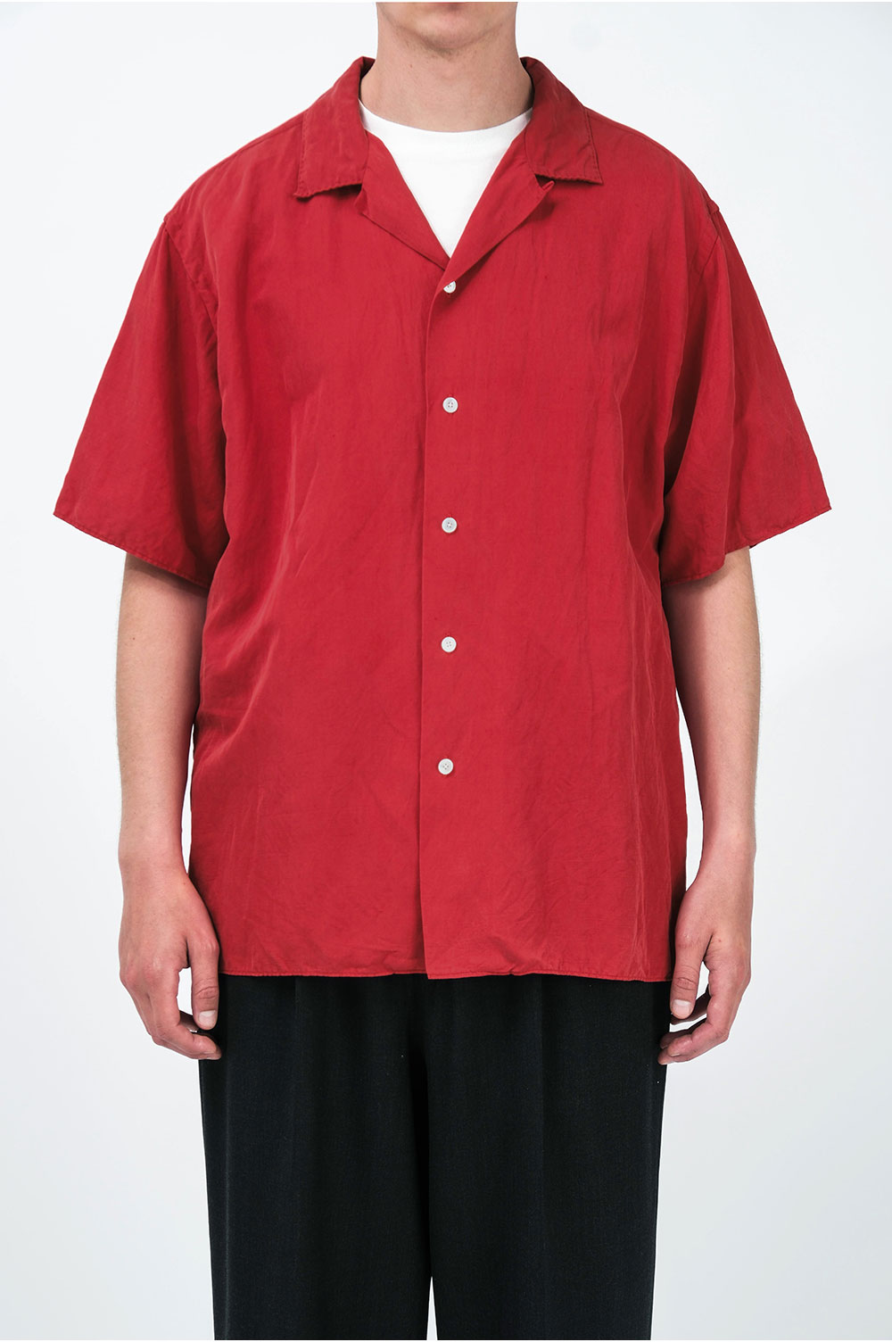 Vintage Silk Linen S/S Open Collar Shirt - RED (26SAP-02-09
